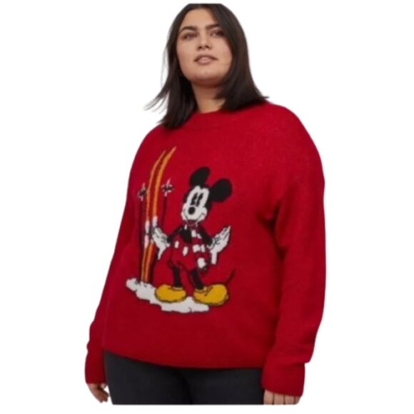H&M Disney Mickey Mouse Christmas sweater ski oversized boxy Red XL NWT - Picture 1 of 11